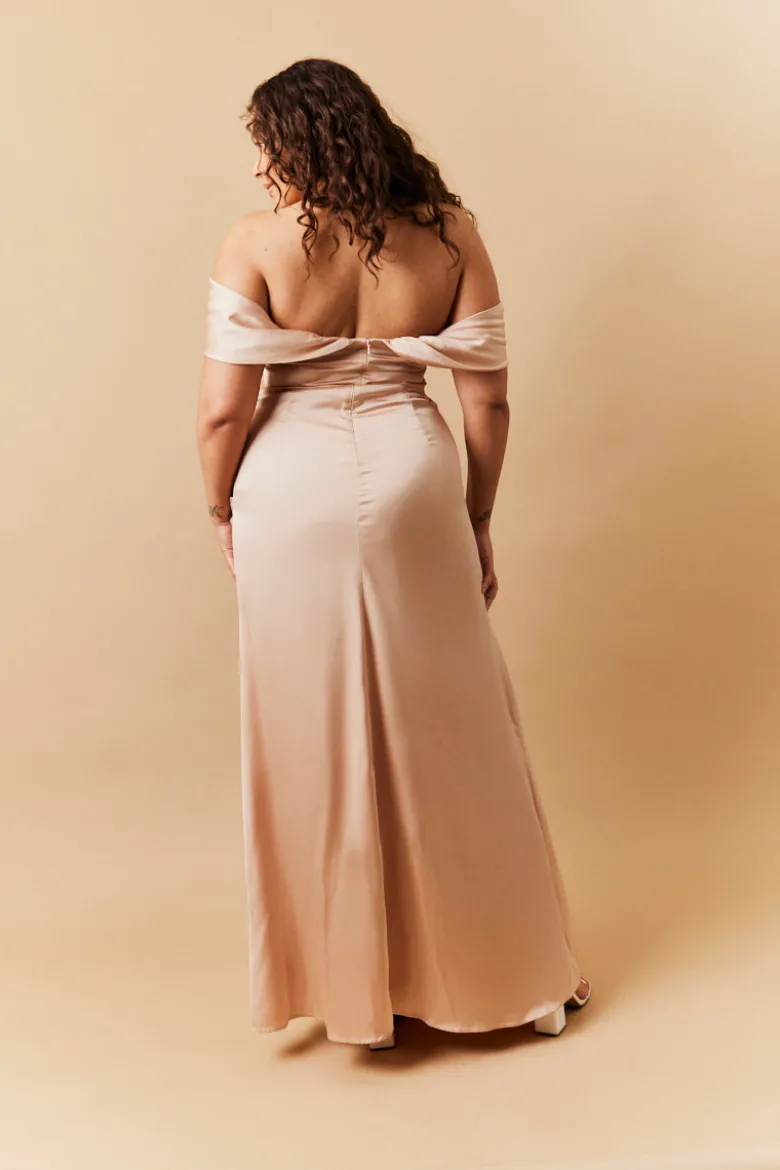 Light Gold Satin Bardot Ruched Maxi Dress