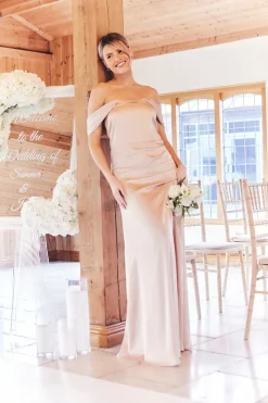 Light Gold Satin Bardot Ruched Maxi Dress