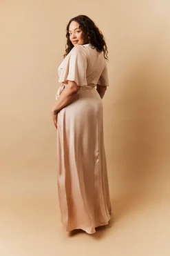 Light Gold Satin Wrap Tie Angel Sleeve Maxi Dress