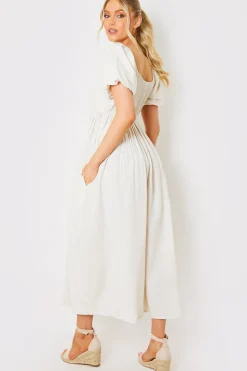 Linen Blend Puff Sleeve Square Neck Midaxi Dress