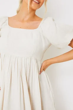 Linen Blend Puff Sleeve Square Neck Midaxi Dress