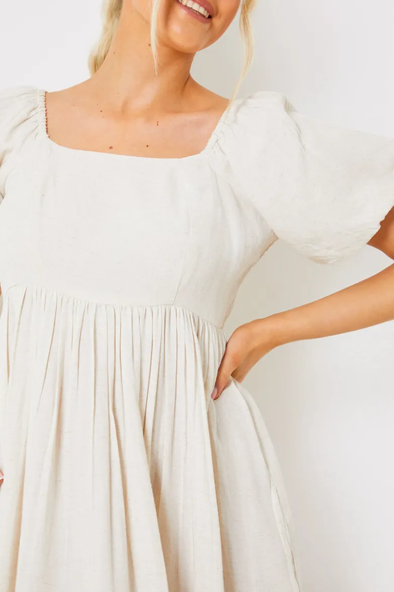 Linen Blend Puff Sleeve Square Neck Midaxi Dress