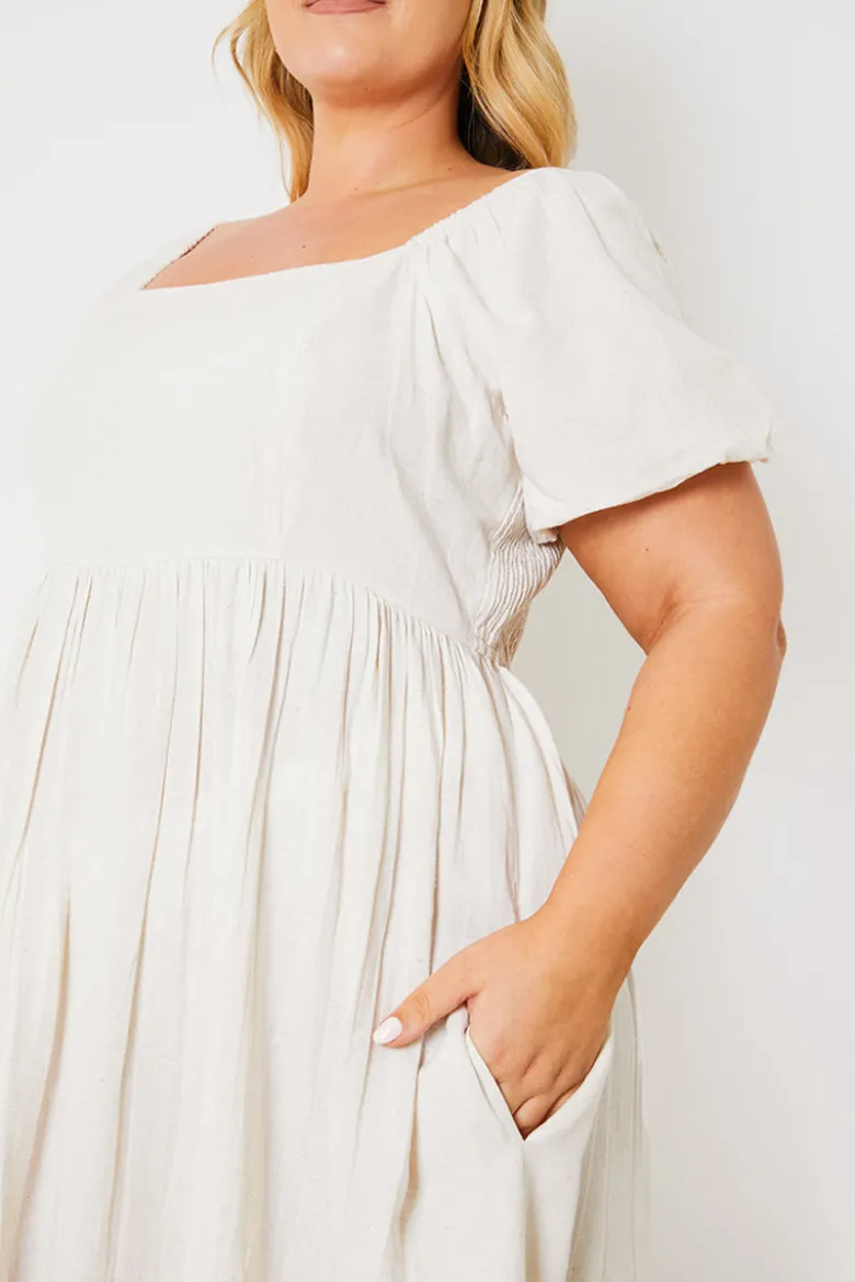 Linen Blend Puff Sleeve Square Neck Midaxi Dress