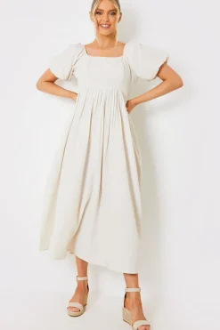 Linen Blend Puff Sleeve Square Neck Midaxi Dress