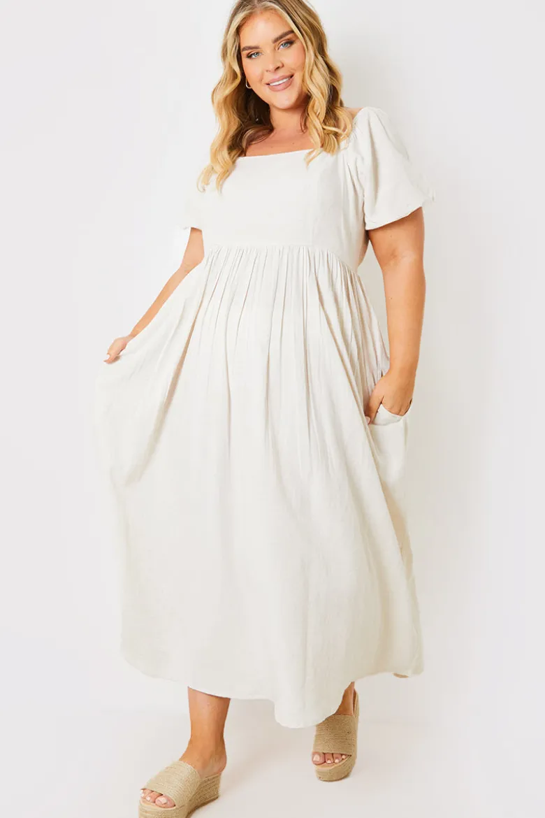 Linen Blend Puff Sleeve Square Neck Midaxi Dress