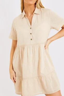 Linen Blend Trim Detail Collared Smock Dress