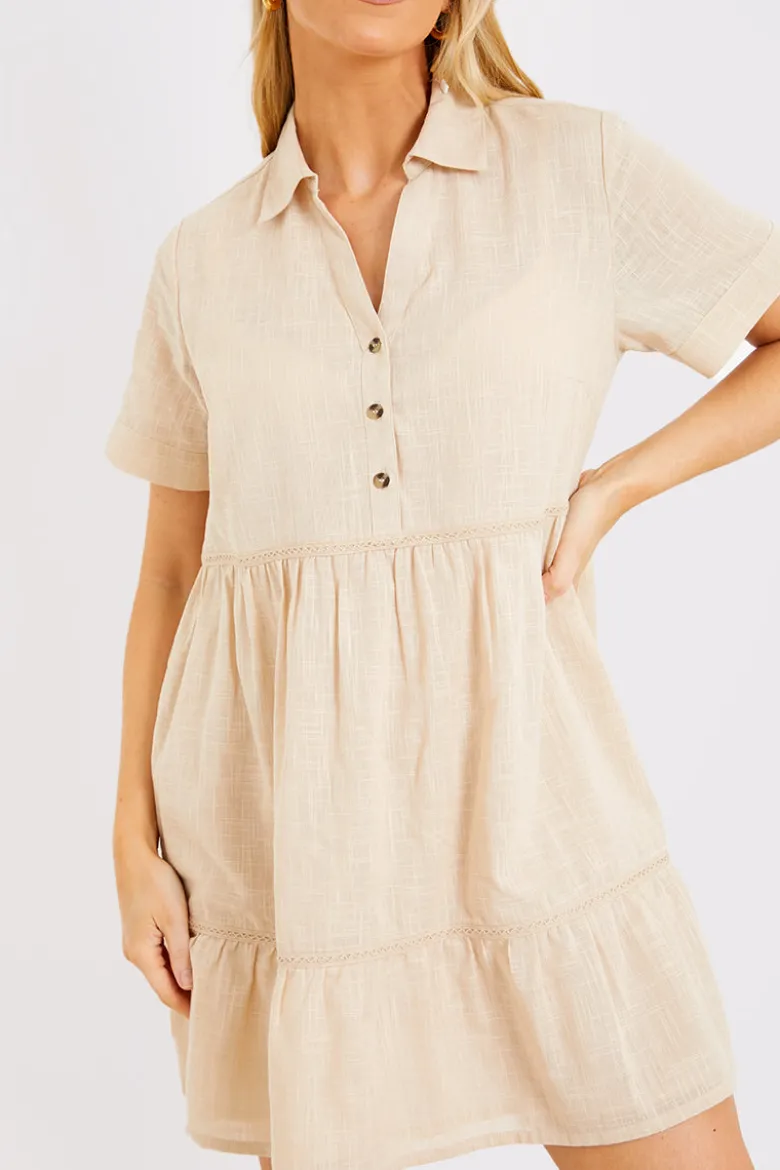 Linen Blend Trim Detail Collared Smock Dress