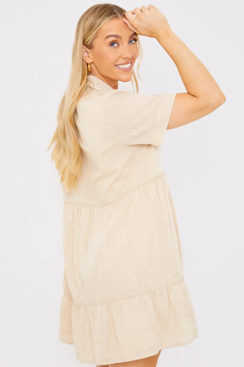 Linen Blend Trim Detail Collared Smock Dress
