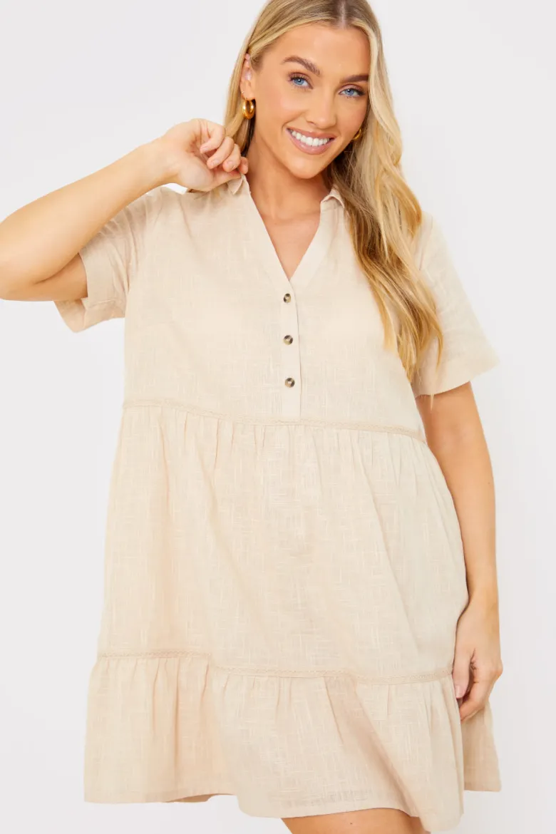 Linen Blend Trim Detail Collared Smock Dress