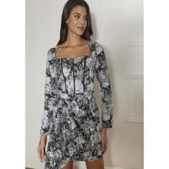 Long Sleeve Corset Style Floral Print Mini Dress in Silver