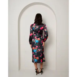 Long Sleeve Floral Wrap Dress in Black