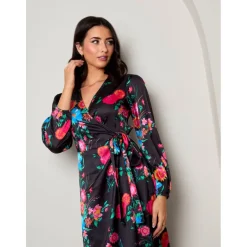 Long Sleeve Floral Wrap Dress in Black