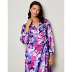 Long Sleeve Floral Wrap Dress in Purple