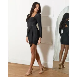 Long Sleeve Glitter Drape Mini Dress in Black