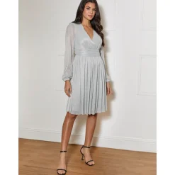 Long Sleeve Glitter Plisse Wrap Midi Dress in Silver