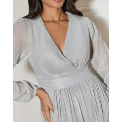 Long Sleeve Glitter Plisse Wrap Midi Dress in Silver