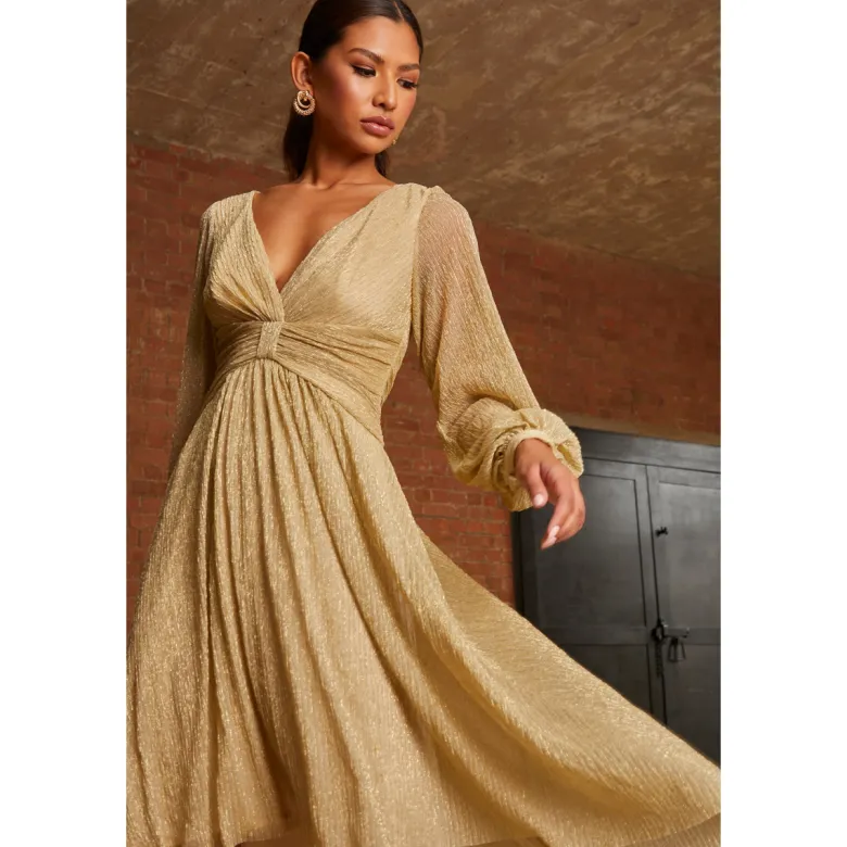 Long Sleeve Glitter Plisse Wrap Midi Dress in Gold
