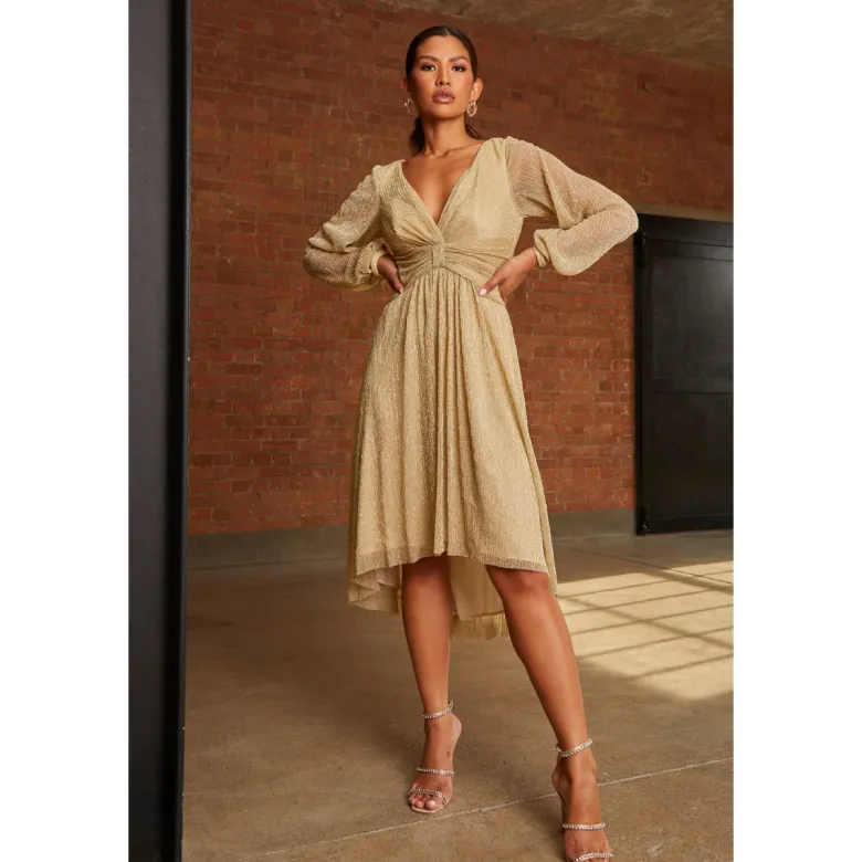 Long Sleeve Glitter Plisse Wrap Midi Dress in Gold
