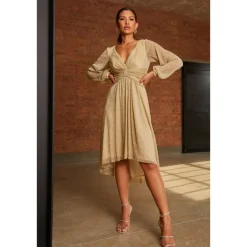 Long Sleeve Glitter Plisse Wrap Midi Dress in Gold