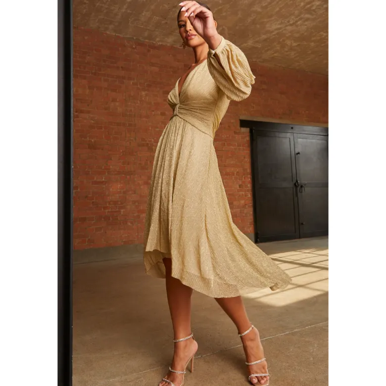 Long Sleeve Glitter Plisse Wrap Midi Dress in Gold