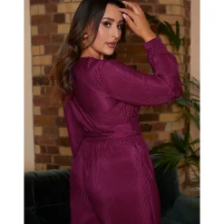 Long Sleeve Wrap Detail Plisse Top in Berry