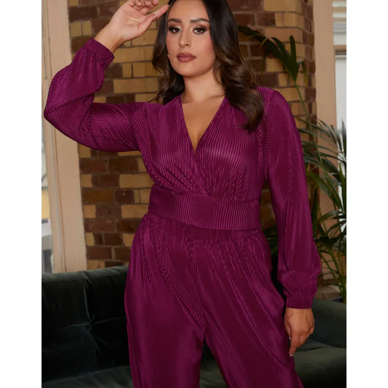 Long Sleeve Wrap Detail Plisse Top in Berry