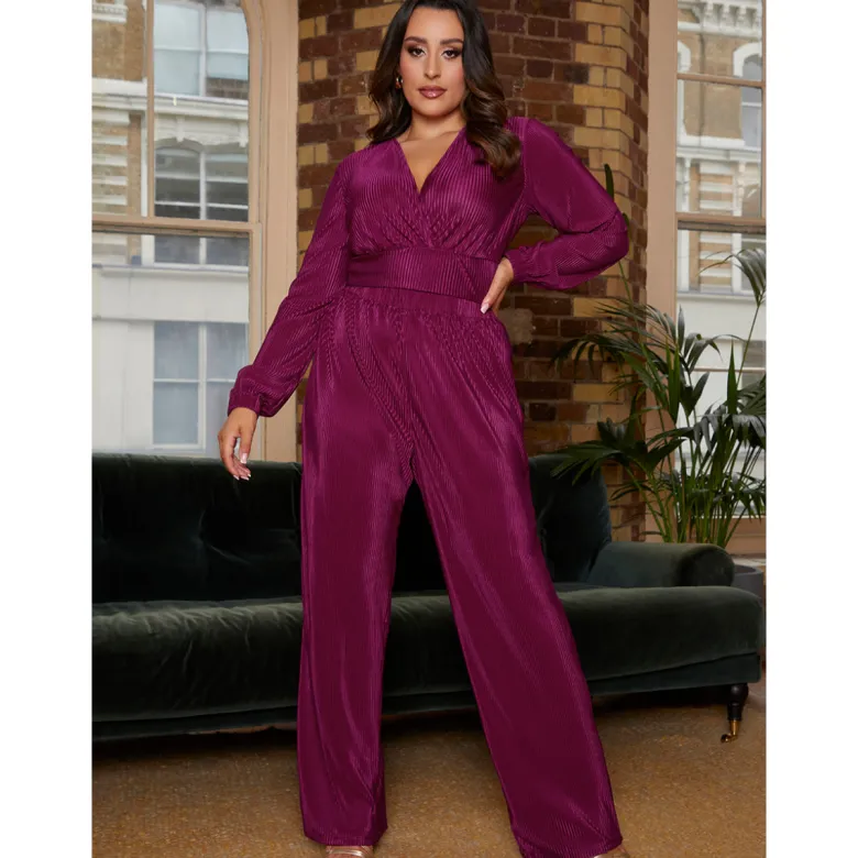 Long Sleeve Wrap Detail Plisse Top in Berry