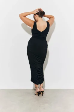 Magic Sculpting Plunge Neck Ruched Detail Midaxi Dress