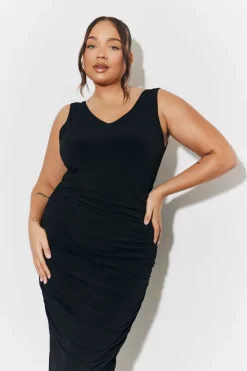 Magic Sculpting Plunge Neck Ruched Detail Midaxi Dress