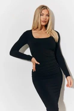 Magic Sculpting Scoop Neck Long Sleeve Ruched Midaxi Dress