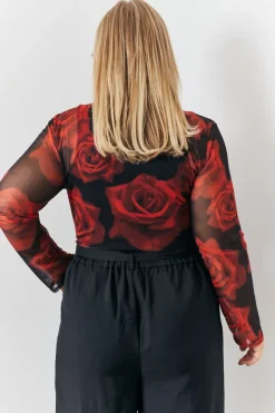 Mesh All Over Rose Print Long Sleeve Top