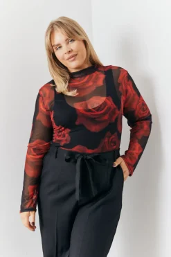 Mesh All Over Rose Print Long Sleeve Top