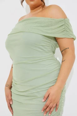 Mesh Bardot Ruched Midi Dress