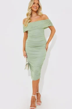Mesh Bardot Ruched Midi Dress