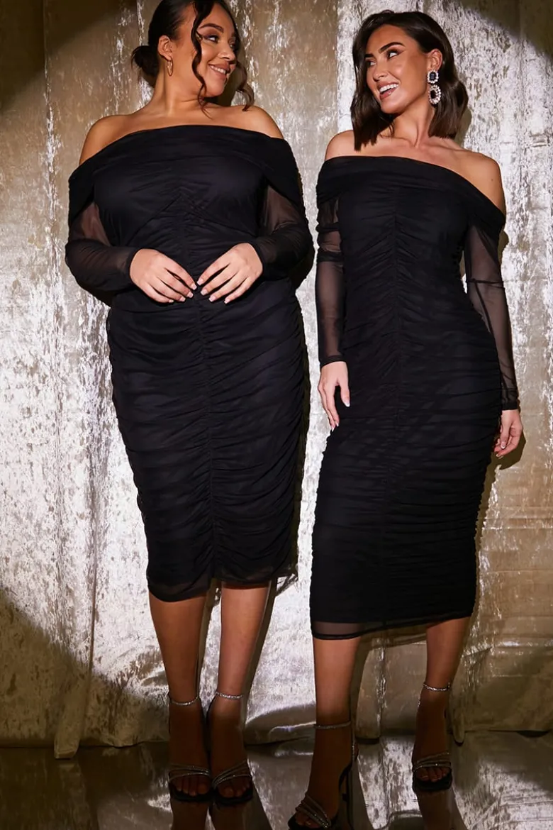Mesh Bardot Ruched Midi Dress