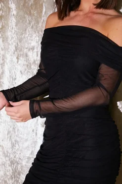 Mesh Bardot Ruched Midi Dress
