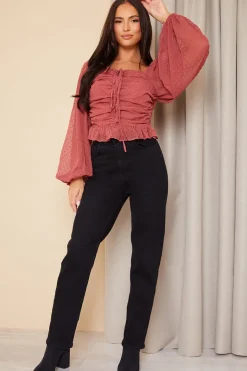 Mesh Dobby Ruched Front Top