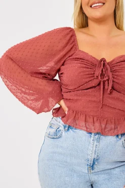 Mesh Dobby Ruched Front Top