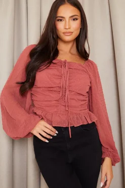 Mesh Dobby Ruched Front Top