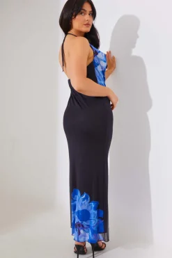 Mesh Floral Halterneck Cowl Maxi Dress