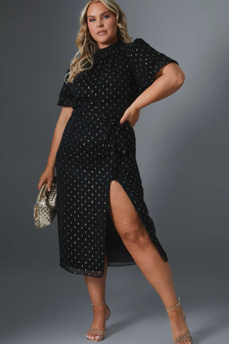 Metallic Polkadot Puff Sleeve Midi Dress