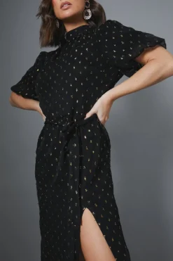 Metallic Polkadot Puff Sleeve Midi Dress