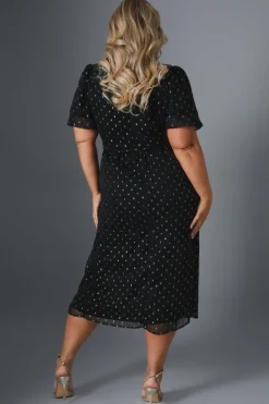 Metallic Polkadot Puff Sleeve Midi Dress