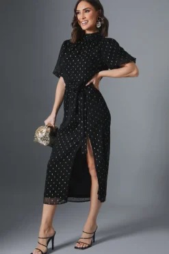 Metallic Polkadot Puff Sleeve Midi Dress