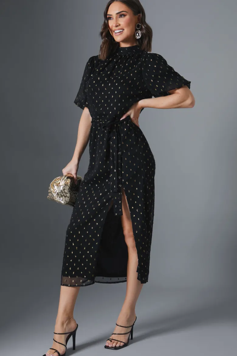 Metallic Polkadot Puff Sleeve Midi Dress
