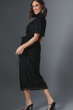 Metallic Polkadot Puff Sleeve Midi Dress