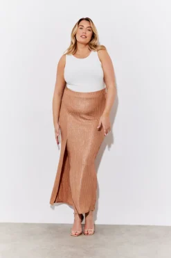 Metallic Rib Split Midaxi Co-Ord Skirt