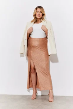 Metallic Rib Split Midaxi Co-Ord Skirt