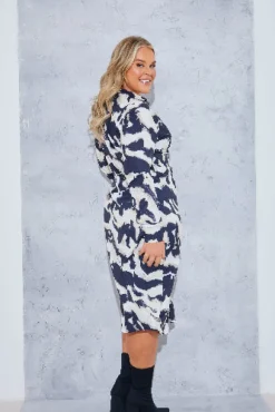 Monochrome Abstract Print Wrap Collared Midi Dress