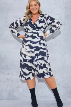 Monochrome Abstract Print Wrap Collared Midi Dress